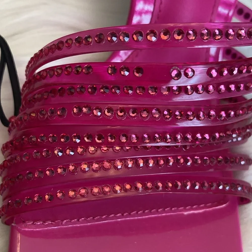 Zara Discounted Vinyl Pink Rhinestone Squared Toe High Heels Dress Sandals Shoes - Picture 14 of 14